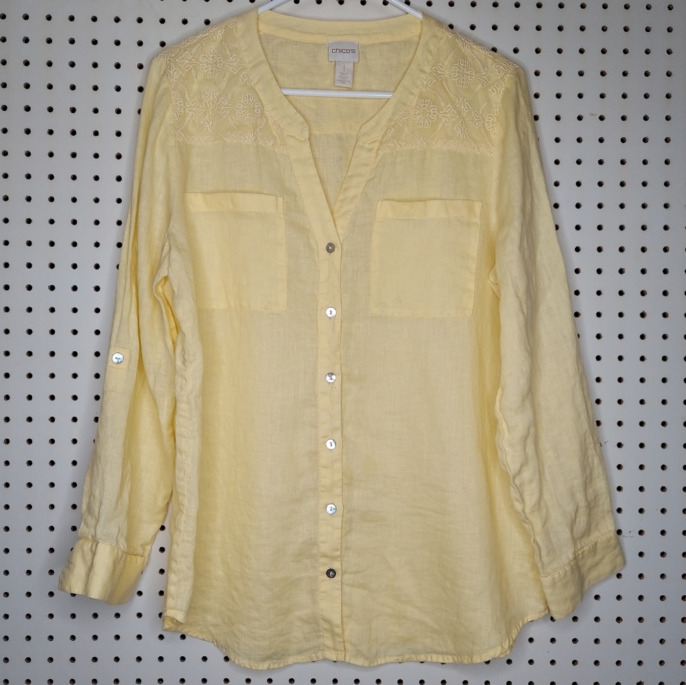 Chicos Linen Button Shirt Medium Pastel Yellow Lace Mesh V-Neck Long Roll Sleeve